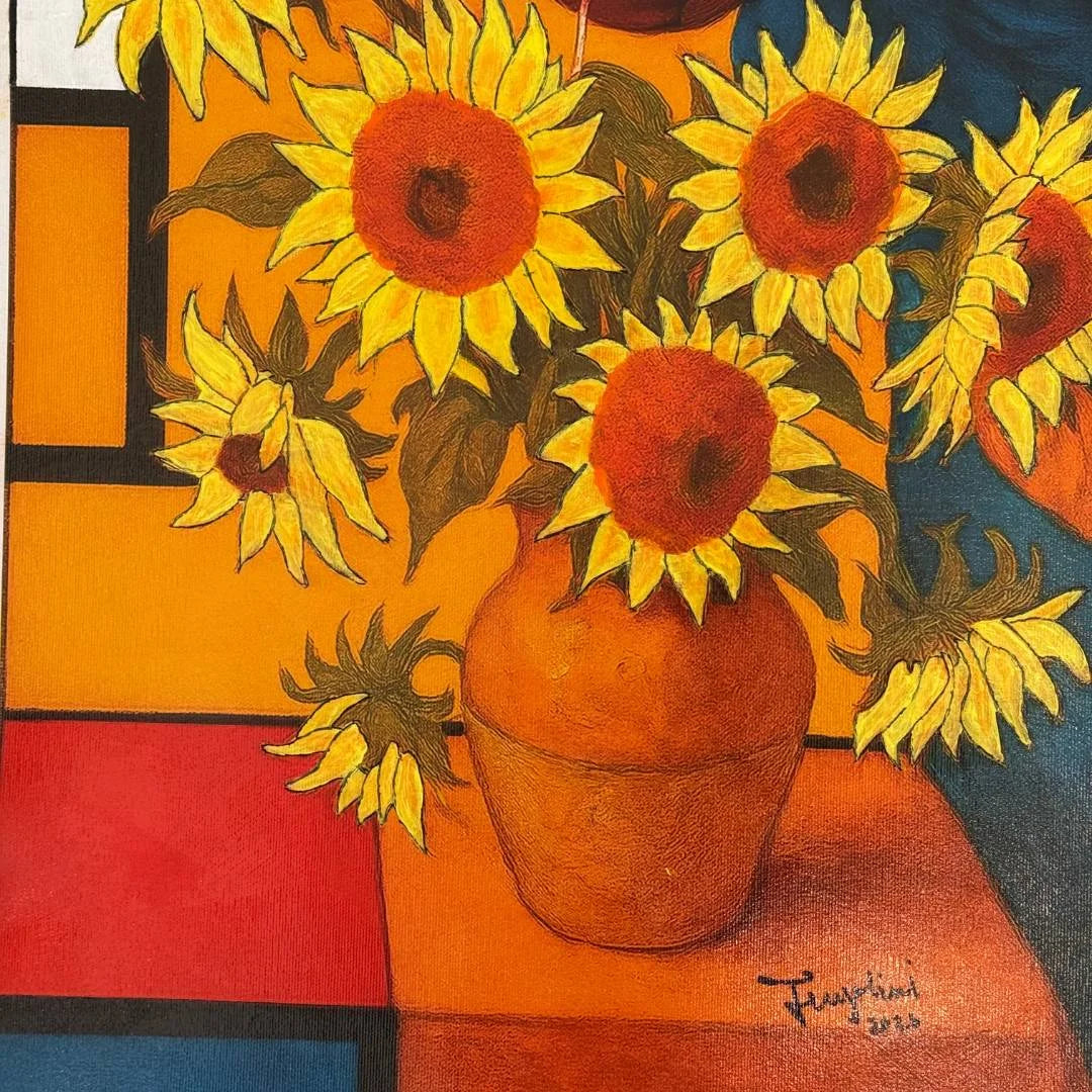Painting of sunflowers in a vase with a colorful abstract background