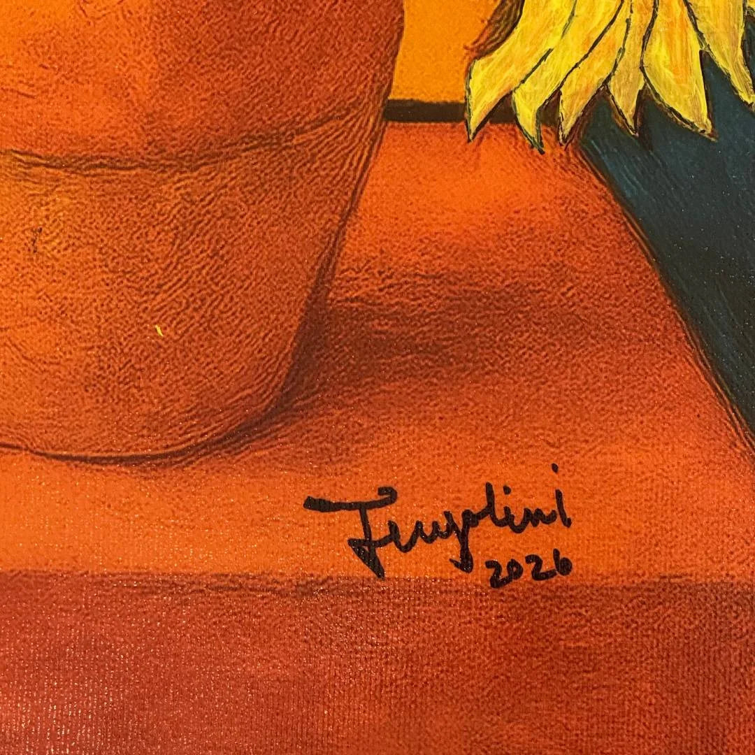 Close-up of a sunflower with a pot on an orange background, signed by the artist in 2026.