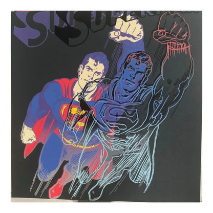 Superman graphic on a black background with colorful design elements