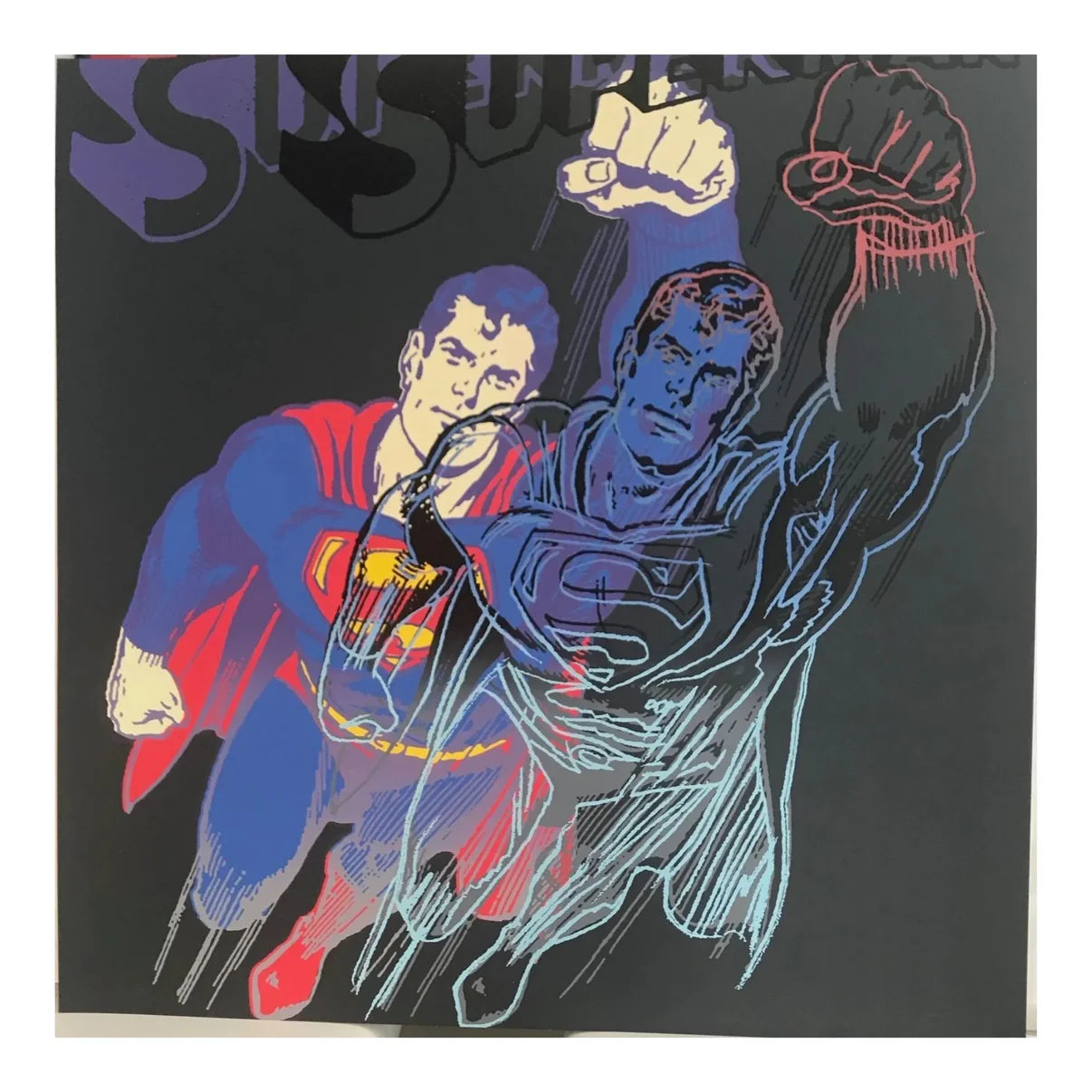 Superman graphic with dynamic pose on a black background