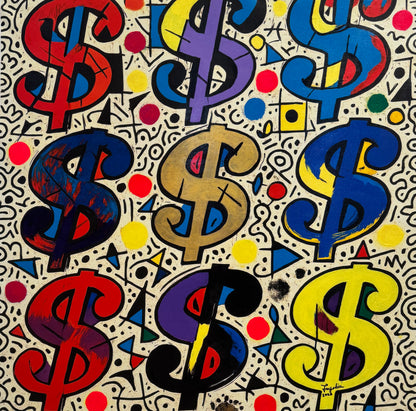Colorful dollar sign pattern on a textured background