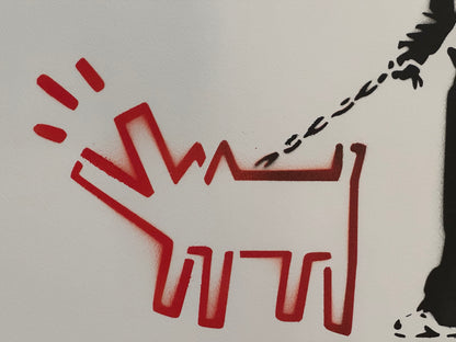 BANKSY –"Barking Dog"- Original Sprayed Black & Red Paint- Hand Signed- Rare Color- Iconic Stencil Grafitt