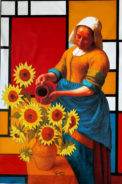 Famous painting of a woman with sunflowers and a pitcher, styled with geometric abstract design.