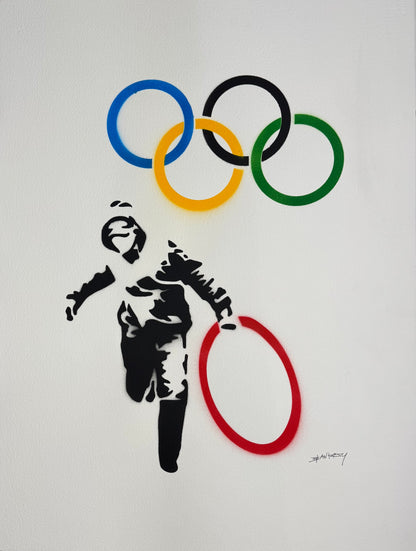 BANKSY-"Olympic Rings Looter"- Original Spray Painting- Signed-Iconic Graffiti Street Art