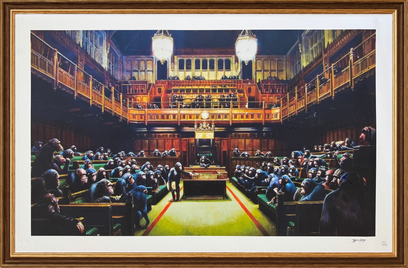 Banksy – "Monkey Parliament"- Signed Screenprint- Size 37 x 24" Iconic Graffiti Street Art- A Beauty