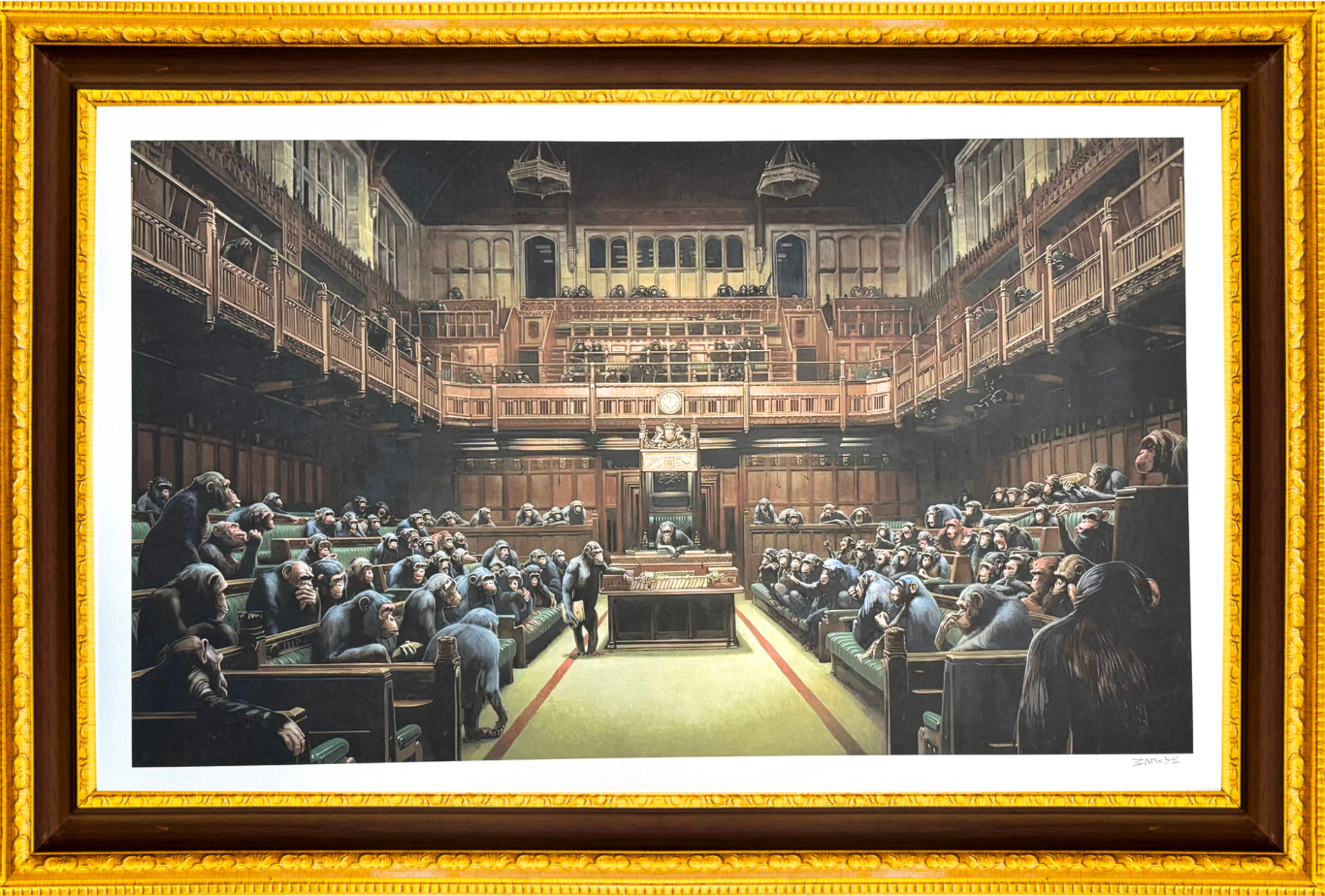 Banksy – "Monkey Parliament"- Signed Screenprint- Size 29 1/2 x 18" Iconic Graffiti | Iconic Street Art