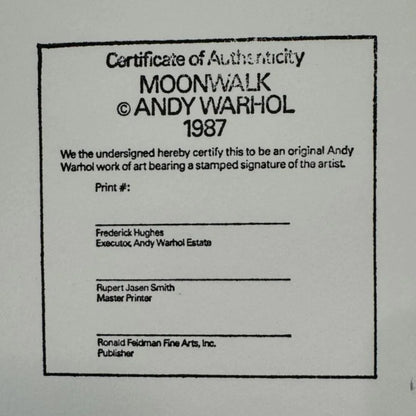 Certificate of Authenticity for Andy Warhol's 'Moonwalk' from 1987 on a gray background.