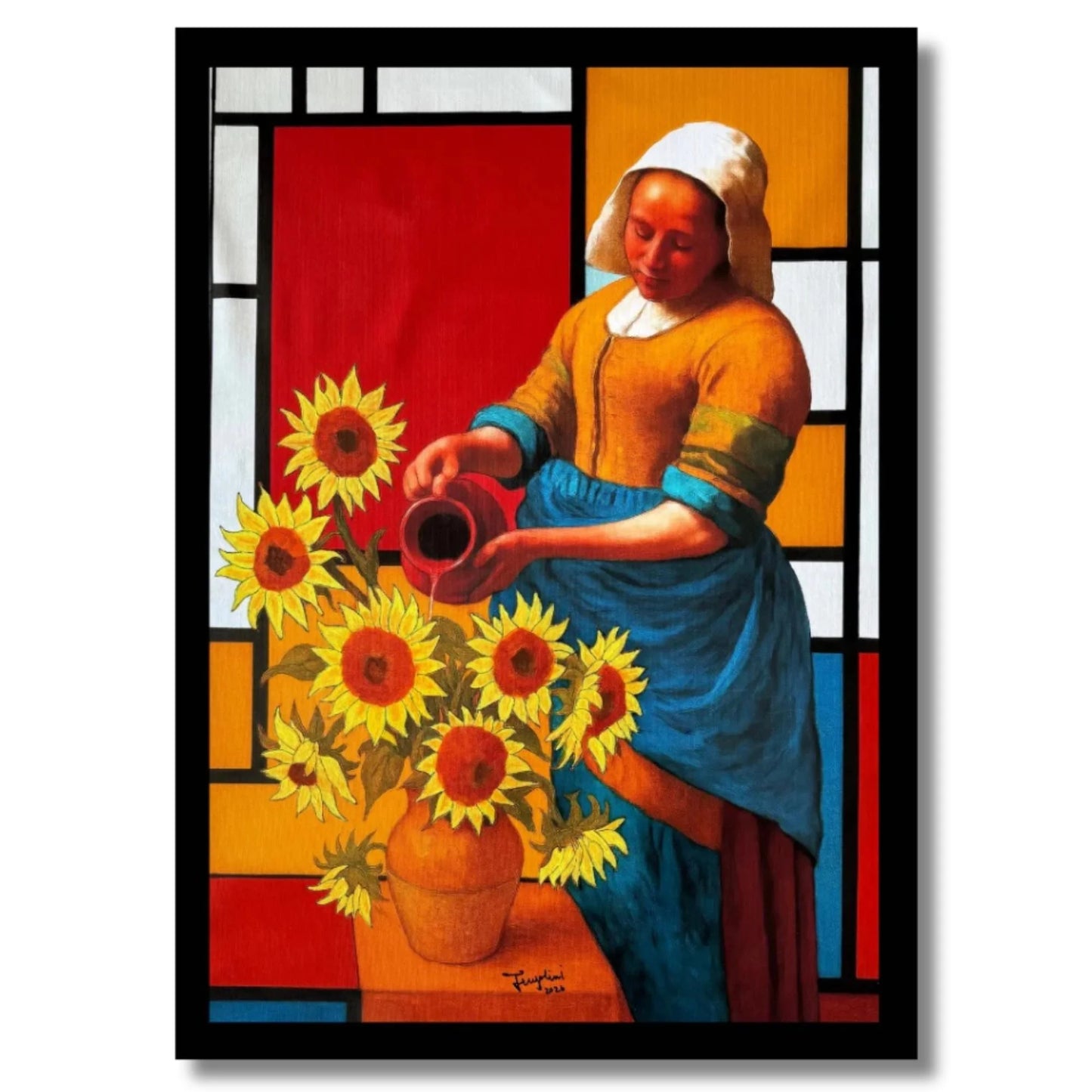 Stylized depiction of a woman with sunflowers and a pitcher against a colorful geometric background