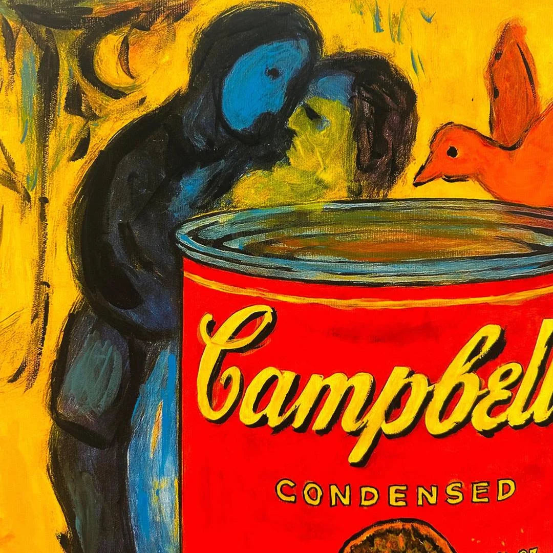 Campbell's Soup can with abstract painting of a woman and child by a pond