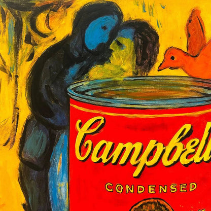 Campbell's Soup can with abstract painting of a woman and child by a pond