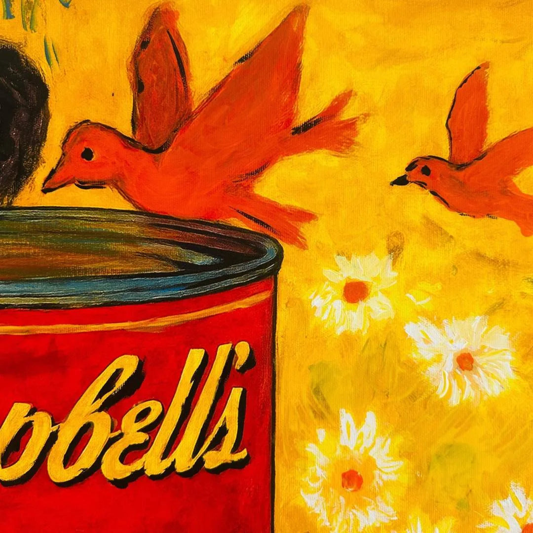 Campbell's soup can with birds and flowers on a yellow background