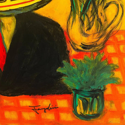 Artistic depiction of a plant in a green vase on a checkered tablecloth with a signature at the bottom left corner.
