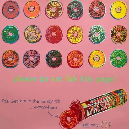 Colorful Life Savers candy wheels on a pink background with promotional text.