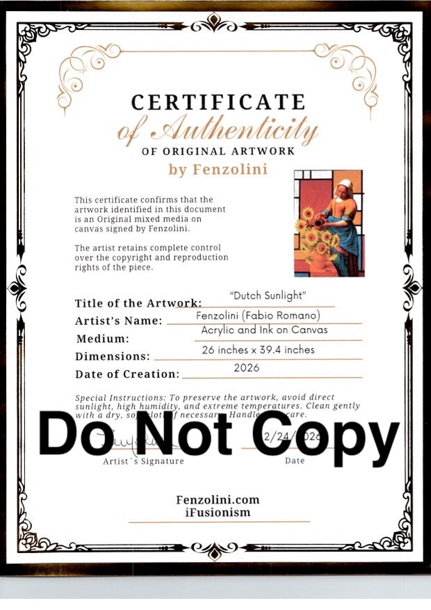 Certificate of Authenticity for 'Dutch Sunlight' artwork by Fenzolini with decorative border.