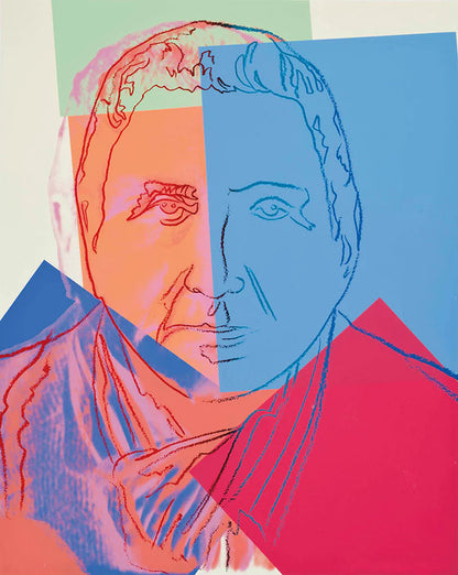 Colorful abstract portrait of a classical statue with geometric shapes