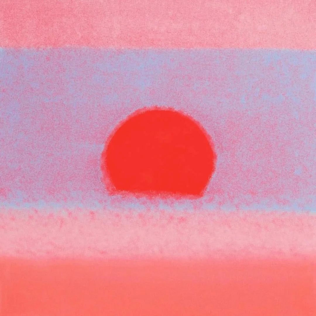 Abstract art with a red sunset on a pink and blue gradient background