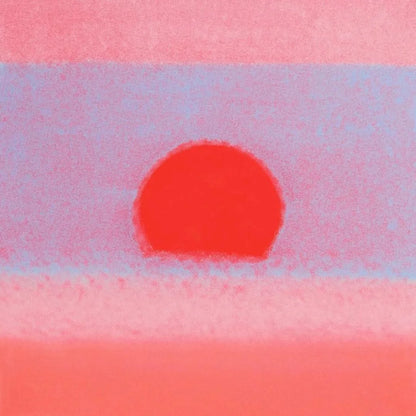 Abstract art with a red sunset on a pink and blue gradient background
