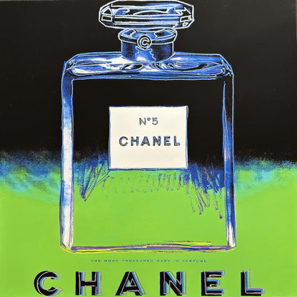 Chanel No. 5 perfume bottle with colorful design on a black and green background