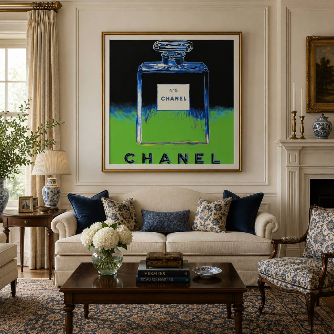 Living room with a Chanel perfume bottle artwork on the wall