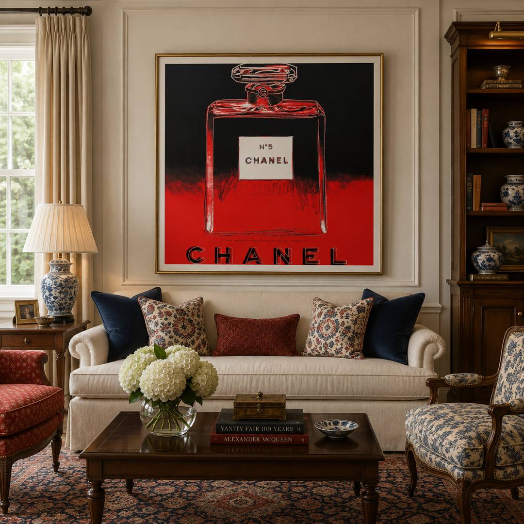 Living room with Chanel artwork on the wall, featuring a sofa with patterned cushions and a coffee table.
