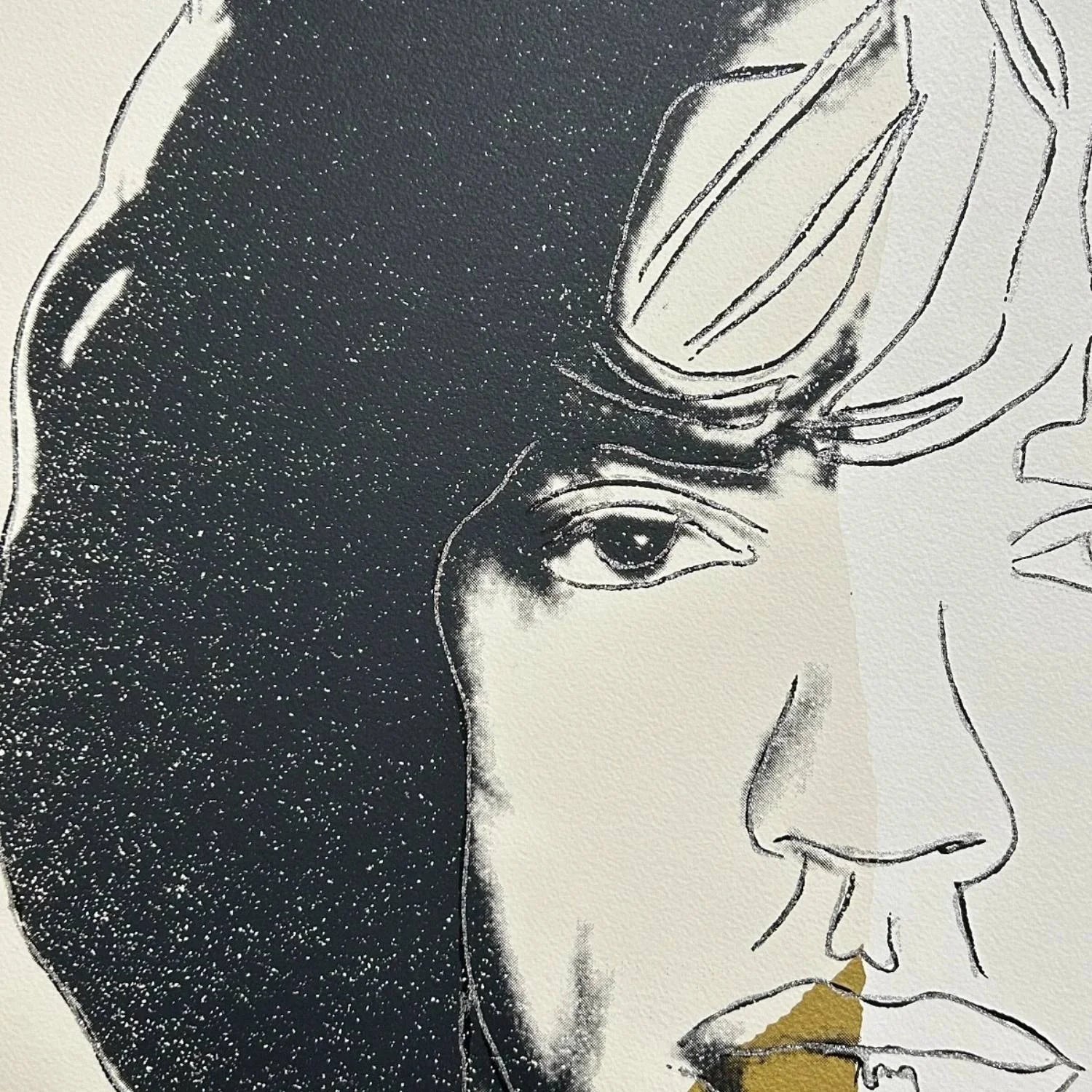 Close up details of Andy Warhol Mick Jagger Silkscreen showing the sharp layers and lines and details of the print.
