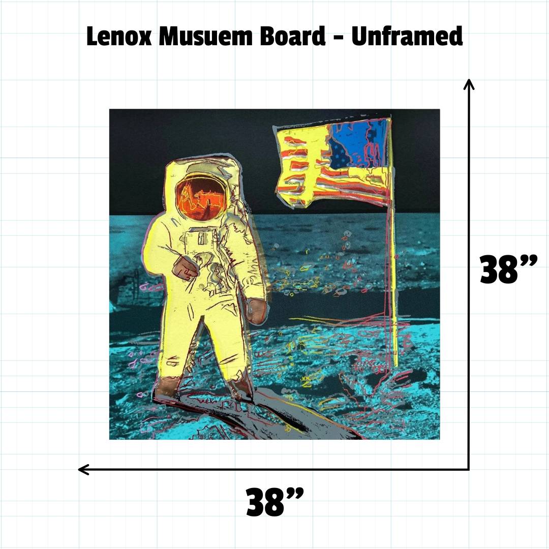 Illustration of an astronaut on the moon with a flag, framed as a Lenox Museum Board.