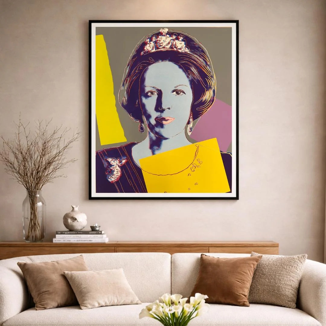 Framed pop art portrait of Queen Beatrix over luxury couch living room background