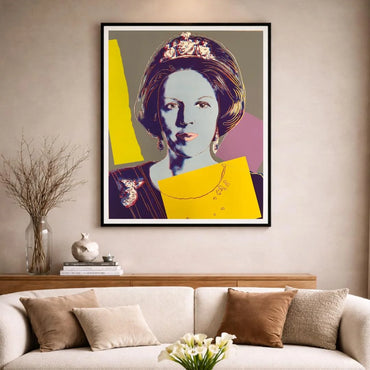 Framed pop art portrait of Queen Beatrix over luxury couch living room background
