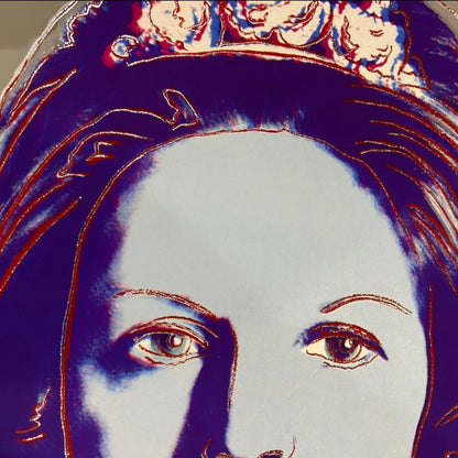 Closeup details of diamond dust of Queen Beatrix Warhol pop art portrait. 