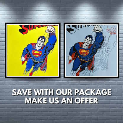ANDY WARHOL– 2 Piece Pkg: “Superman Trials"- Yellow &  Lt. Blue- Screenprint Proofs- Myths-Diamond Dust Museum Board-38 x 38"