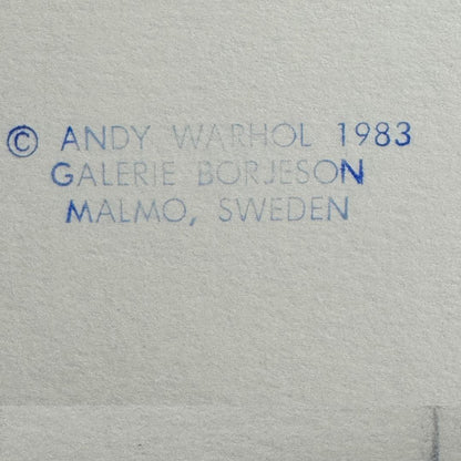 Text on a textured surface indicating '© Andy Warhol 1983 Galerie Borjeson Malmo, Sweden'.