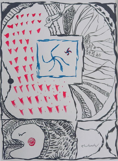 PIERRE ALECHINSKY: Unique Hand-Signed- Abstract Ink Painting- Framed- Contemporary Artwork- One Of A Kind!