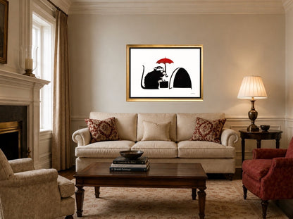 BANKSY –"Umbrella Rat"- Original Sprayed Black &  Red Paint- Hand Signed- Iconic Stencil Grafitti