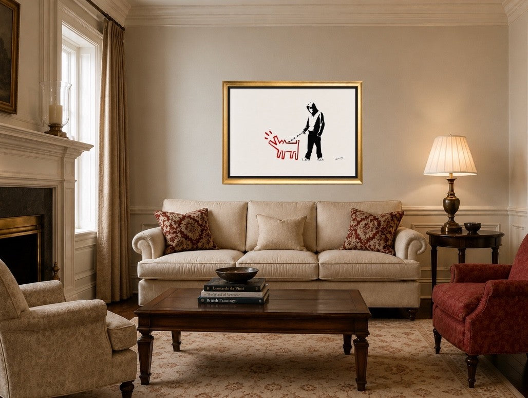 BANKSY –"Barking Dog"- Original Sprayed Black & Red Paint- Hand Signed- Rare Color- Iconic Stencil Grafitt