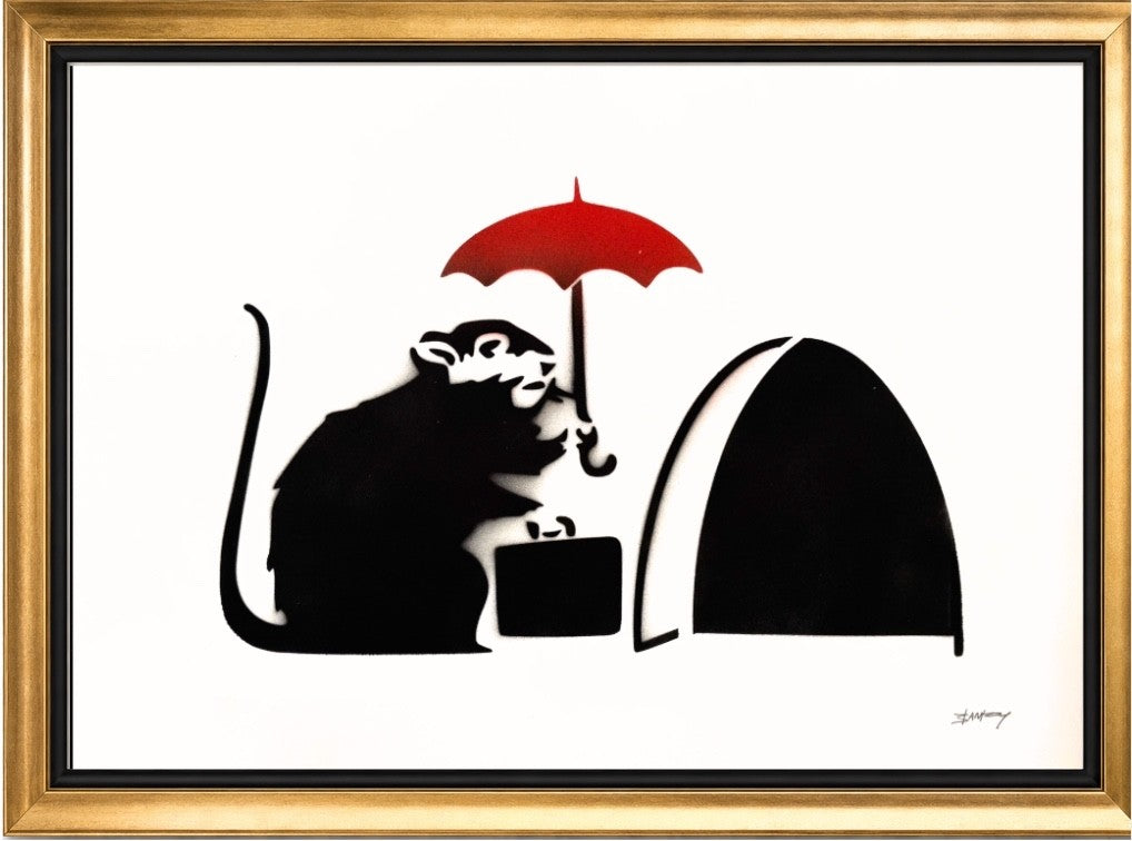 BANKSY –"Umbrella Rat"- Original Sprayed Black &  Red Paint- Hand Signed- Iconic Stencil Grafitti