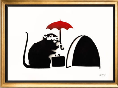 BANKSY –"Umbrella Rat"- Original Sprayed Black &  Red Paint- Hand Signed- Iconic Stencil Grafitti